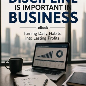 May include: An eBook cover titled Why Discipline Is Important In Business: Turning Daily Habits into Lasting Profits by James P. Clark. It features a laptop displaying a financial chart, a notebook with a checklist, a pen, and a coffee mug.