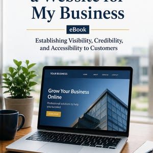 Op de afbeelding: Een eBook-omslag met de titel Why Should I Have a Website for My Business door James P. Clark. De omslag toont een laptop met een zakelijke website, een plant in een pot en een donkere mok op een houten bureau.
