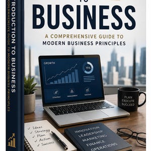 May include: A hardcover book titled Introduction to Business: A Comprehensive Guide to Modern Business Principles by James P. Clark. The cover features a laptop displaying business charts, a notebook with a list, a mug, and glasses on a desk.