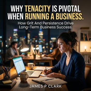 May include: A professional workspace featuring a laptop, open notebooks, and a pen. The text reads: WHY TENACITY IS PIVOTAL WHEN RUNNING A BUSINESS. How Grit And Persistence Drive Long-Term Business Success. JAMES P CLARK. The setting is an office.