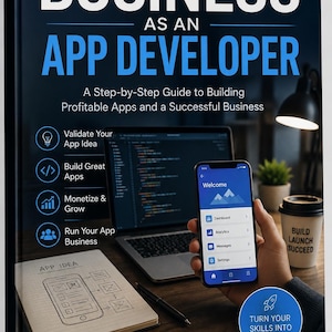 May include: A book titled Start a Business as an App Developer by James P. Clark. The cover features a dark background with a laptop displaying code, a hand holding a smartphone with an app interface, a notepad with a sketch, and a coffee cup.