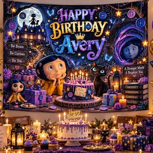 May include: A rectangular fabric backdrop featuring a dark fantasy scene with a character in a yellow raincoat, a black cat, and a purple birthday cake. The text reads Happy Birthday Avery, Be Brave, Be Curious, Be You, and A Stranger World A Brighter You.