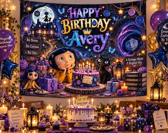 Personalisierter Wandteppich als Geburtstagsbanner, niedliche Fantasy-Figuren-Partydeko, individueller Namensaufhänger, Kindergeburtstags-Hintergrund