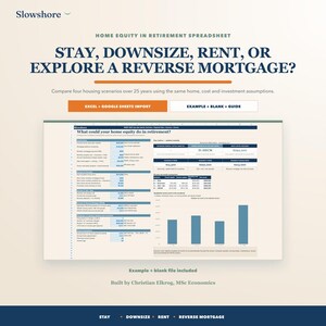 Puede incluir: Una hoja de cálculo digital titulada Home Equity in Retirement Spreadsheet con el texto Stay, Downsize, Rent, or Explore a Reverse Mortgage? La interfaz muestra datos financieros, cuatro escenarios de vivienda y un gráfico.