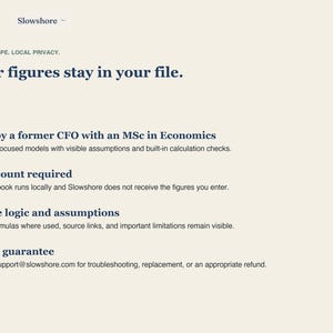 May include: A light beige informational graphic with dark blue text. The text reads: Slowshore, CLEAR SCOPE. LOCAL PRIVACY. Your figures stay in your file. Built by a former CFO with an MSc in Economics, No account required, Visible logic and assumptions, 14-day guarantee, and Contact support@slowshore.com.