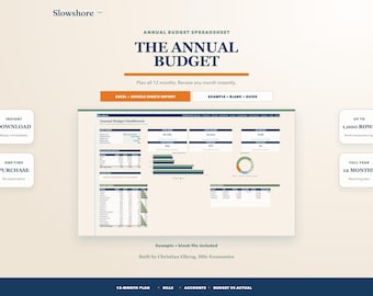 Annual Budget Spreadsheet for Excel & Google Sheets, 12 Month Budget Planner, Expense Tracker