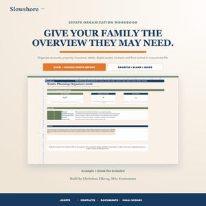 Peut inclure: Un modèle numérique de classeur d'organisation successorale intitulé Give Your Family The Overview They May Need. L'interface présente des sections pour les comptes, biens, assurances, dettes et actifs numériques avec des boutons d'importation.