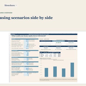 May include: A digital spreadsheet titled What could your home equity do in retirement? featuring a four-scenario overview. The document includes detailed financial data, tables comparing housing scenarios, and a bar chart showing net worth.