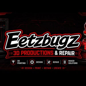 Könnte beinhalten: Ein digitales Banner mit dem Text Eetzbugz 3D PRODUCTIONS & REPAIR, einem roten Frosch mit einem Schraubenschlüssel, einem 3D-Drucker und roten Filamentrollen. Der Text umfasst 3D PRINTING, DESIGN, REPAIR, MAKER SOLUTIONS und DESIGN PRINT REPAIR CREATE.