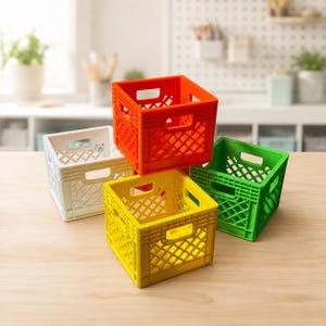 May include: A set of four small, square plastic storage crates in bright colors including orange, yellow, green, and white. Each crate features a grid-like lattice pattern on the sides and a rectangular handle cutout on each of the four top edges.
