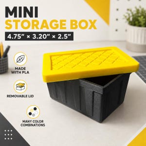 May include: A rectangular mini storage box with a black base and a yellow removable lid featuring a diamond-patterned texture. The box is labeled with the text MINI STORAGE BOX and dimensions of 4.75 inches by 3.20 inches by 2.5 inches.