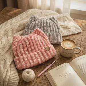 May include: Two ribbed knit beanies with cat ear points, one in heather grey and one in variegated pink and white yarn. The pink beanie features a small square brown tag with a cat face icon. A crochet hook and yarn ball are nearby.
