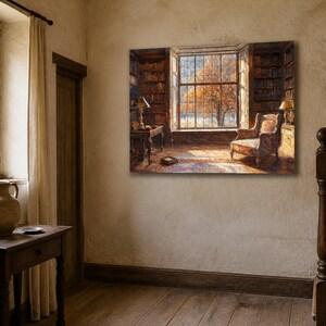 May include: A rectangular wall art print depicting a library interior with a large window, a patterned armchair, wooden bookshelves, and a desk. The scene features warm golden light illuminating the room and a tree with orange autumn foliage outside.