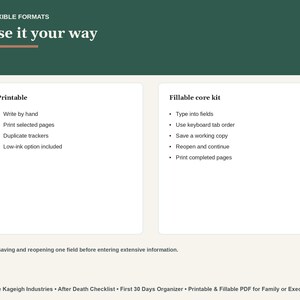 May include: A digital information graphic titled Flexible Formats Use it your way. It lists features for a Printable version including write by hand, print selected pages, duplicate trackers, and low-ink option, and a Fillable core kit version.