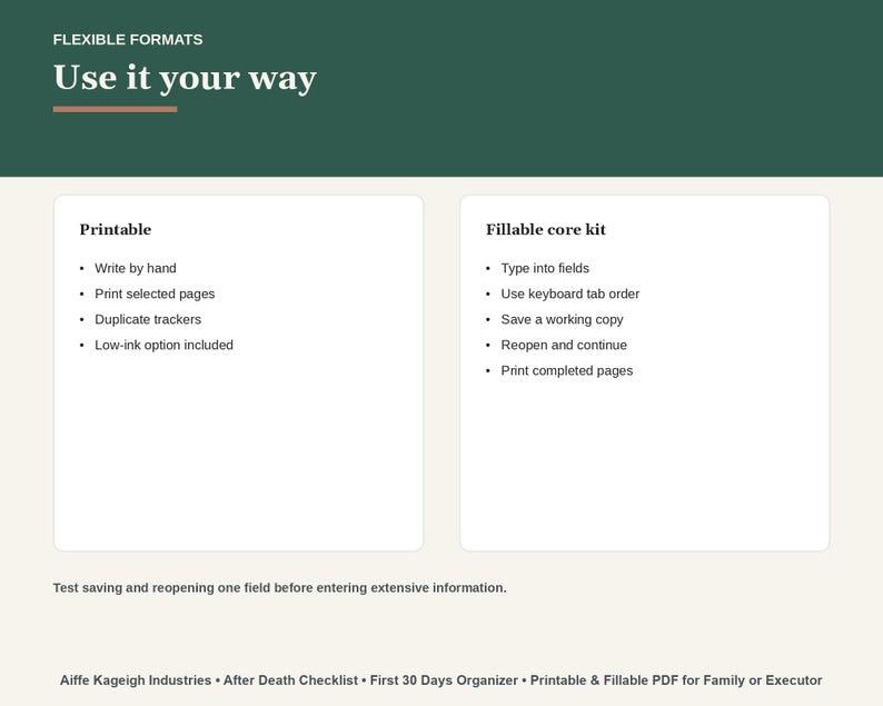 May include: A digital information graphic titled Flexible Formats Use it your way. It lists features for a Printable version including write by hand, print selected pages, duplicate trackers, and low-ink option, and a Fillable core kit version.
