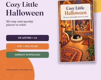 May include: A digital colouring book titled Cozy Little Halloween featuring 30 cosy and spooky places to colour. The cover art displays a bedroom with a tuxedo cat on a bed, a pumpkin, and a window view. Includes US Letter and A4 PDF and PNG files.