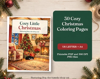 May include: A digital product listing for 30 Cozy Christmas Colouring Pages featuring Boy, the shop cat. The image displays a festive living room scene with a Christmas tree, fireplace, and a black and white cat, alongside text detailing US Letter and A4 sizes.