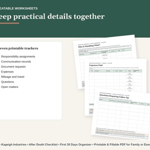 May include: A set of printable worksheets titled Repeatable Worksheets, Keep practical details together. It includes a list of seven trackers: responsibility assignments, communication records, document requests, expenses, mileage, questions, and open matters.