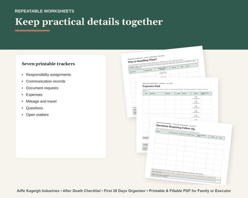May include: A set of printable worksheets titled Repeatable Worksheets, Keep practical details together. It includes a list of seven trackers: responsibility assignments, communication records, document requests, expenses, mileage, questions, and open matters.
