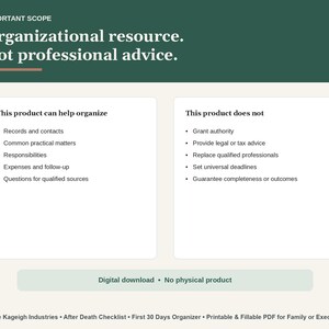 May include: A digital document titled Important Scope: Organizational resource. Not professional advice. It lists organisational capabilities and limitations for records, contacts, and responsibilities, with a footer stating Aiffe Kageigh Industries.