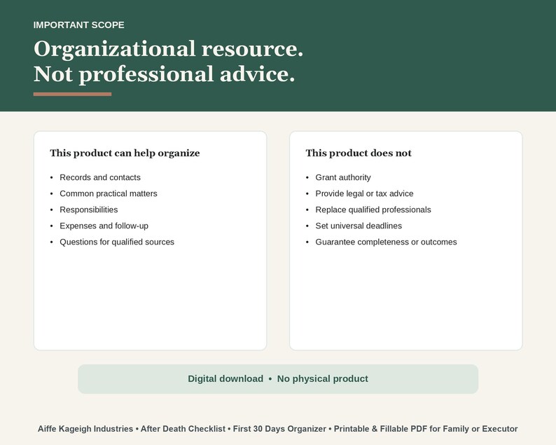 May include: A digital document titled Important Scope: Organizational resource. Not professional advice. It lists organisational capabilities and limitations for records, contacts, and responsibilities, with a footer stating Aiffe Kageigh Industries.