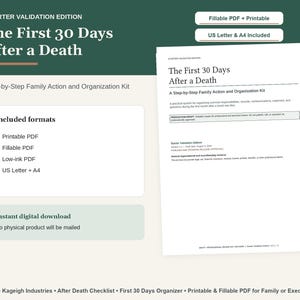 Könnte beinhalten: Ein digitales Organisations-Kit mit dem Titel The First 30 Days After a Death, das einen Schritt-für-Schritt-Leitfaden für Familien enthält. Das Dokument bietet druckbare und ausfüllbare PDF-Formate in den Größen US Letter und A4.