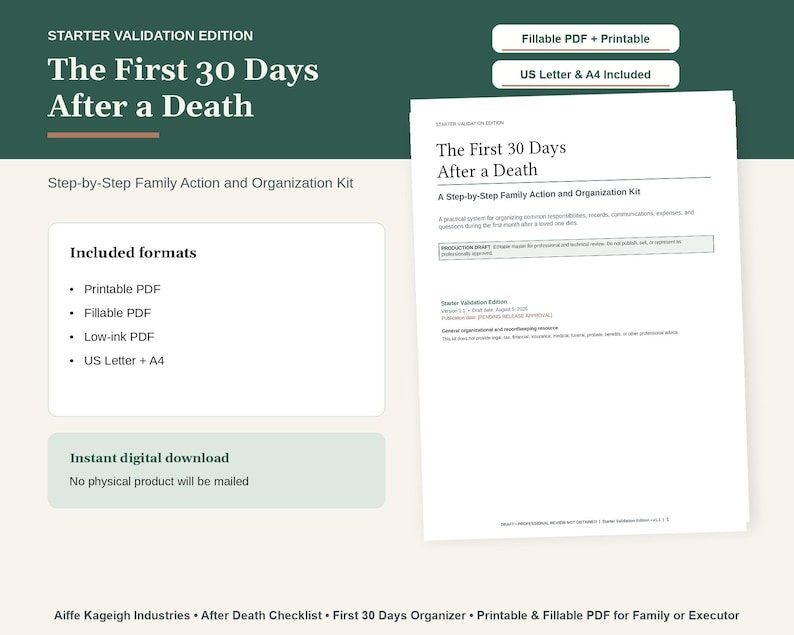 May include: A digital organisation kit titled The First 30 Days After a Death, featuring a step-by-step family action guide. The document includes printable and fillable PDF formats in US Letter and A4 sizes, designed for managing records.