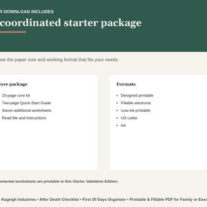 May include: A digital document titled A coordinated starter package featuring a core package with a 15-page core kit, a two-page Quick-Start Guide, seven additional worksheets, and instructions. Formats include designed printable, fillable electronic, low-ink printable, US Letter, and A4 sizes.