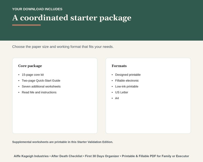 May include: A digital document titled A coordinated starter package featuring a core package with a 15-page core kit, a two-page Quick-Start Guide, seven additional worksheets, and instructions. Formats include designed printable, fillable electronic, low-ink printable, US Letter, and A4 sizes.