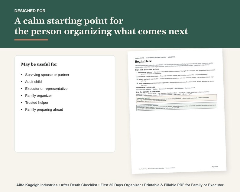 May include: A printable and fillable PDF organiser titled After Death Checklist and First 30 Days Organiser by Aiffe Kageigh Industries. The document features a Begin Here page with action steps and a list of potential users including a surviving spouse, adult child, executor, or family organiser.