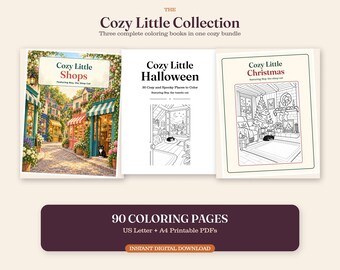 May include: A bundle of three colouring books titled The Cozy Little Collection, featuring Cozy Little Shops, Cozy Little Halloween, and Cozy Little Christmas. The set includes 90 colouring pages in US Letter and A4 printable PDF formats for digital download.