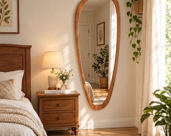 Asymmetrical Wood Frame Mirror, 48 x 22 Inch Organic Wall Décor