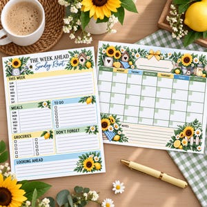 May include: Two paper planners featuring sunflower and lemon illustrations. One planner is titled THE WEEK AHEAD Sunday Reset with sections for meals, to-do, groceries, and looking ahead. The other is a monthly calendar with grid boxes.