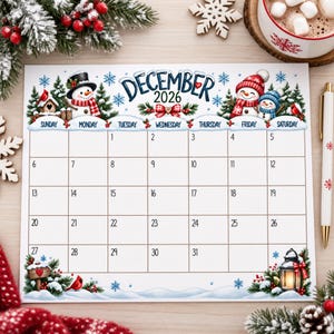 Puede incluir: Una página de calendario de diciembre de 2026 con temática invernal que incluye muñecos de nieve, pinos, copos de nieve y cardenales rojos. La cuadrícula muestra los días de la semana y las fechas del 1 al 31, con lazos rojos y una linterna.