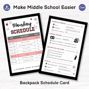 Middle School Daily Class Schedule Templates, Editable Backpack Card, Student Schedule, Back to School Printable