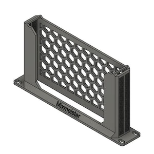 May include: A dark gray rectangular stand featuring a central honeycomb mesh panel and vertical side supports. The base includes mounting holes at each end, and the word Mixmeister is printed in black lettering on the front lower frame section.