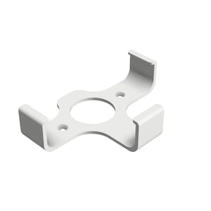 May include: A white, three-pronged mounting bracket featuring a central circular opening and two small screw holes. The bracket has three curved arms extending outward, each ending in a vertical tab designed to hold an object securely in place.