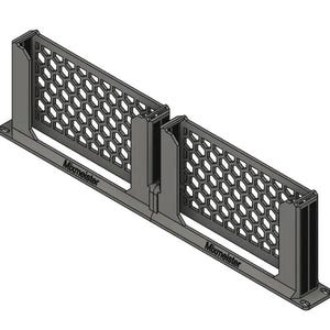 May include: A dark grey, elongated, rectangular storage divider featuring a repeating hexagonal honeycomb pattern on its two vertical panels. The base includes mounting holes at each end, and the text "Mixmeister" is printed on the front.