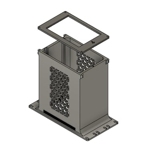 May include: A grey, rectangular, hollow container with a honeycomb-patterned mesh on its sides and a separate, matching rectangular frame positioned directly above it. The base of the container features a wide, flat flange with small circular holes.