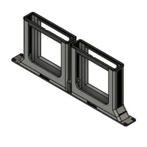 May include: A dark gray, dual-compartment rectangular frame structure featuring two open, hollow square sections connected by a central vertical support. The base includes flat, extended mounting flanges on each end with small circular screw holes.