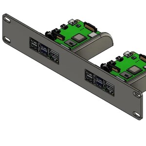 May include: A gray metal rack-mount panel featuring two rectangular cutouts, each housing a green circuit board with multiple USB ports and electronic components. The panel includes mounting holes on both ends for secure installation in a server rack.