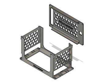 May include: A gray, two-piece modular storage frame featuring a perforated grid pattern on the side panels. The base unit has an open front and back, while the separate top panel includes the text Mixmeister printed in black on the surface.
