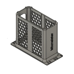 May include: A grey rectangular storage container with a honeycomb lattice pattern on the sides and a flat base with mounting holes. The side panel features the text Mixmeister printed in black. The structure is open at the top and has vertical supports.