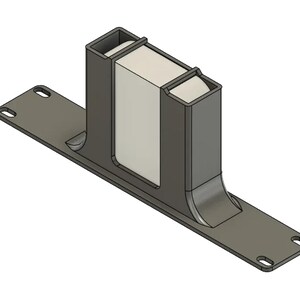May include: A dark gray mounting bracket featuring a flat rectangular base with two slotted holes on each end. Two vertical, hollow rectangular pillars rise from the center, framing a smooth, light gray rectangular block insert between them.