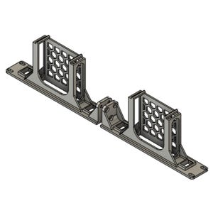 May include: A gray, 3D-printed mounting bracket featuring two vertical supports with a hexagonal honeycomb pattern. The base is an elongated, flat plate with integrated screw holes at the ends and a central hinge mechanism for attachment.