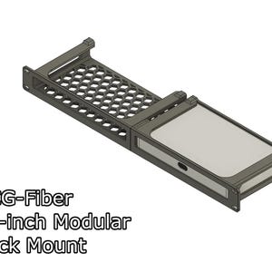 May include: A dark gray UCG-Fiber 19-inch modular rack mount featuring a hexagonal honeycomb ventilation pattern on one side and a solid rectangular panel on the other. The frame includes mounting tabs with screw holes for standard rack installation.