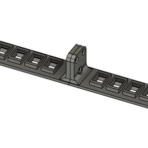 May include: A long, narrow, dark gray rectangular mounting bracket featuring a central vertical support pillar with two circular holes. The bracket includes a series of sixteen small, raised rectangular openings arranged in two rows of eight.