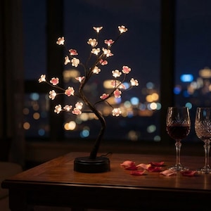 Lámpara nocturna de flor de cerezo, lámpara LED con forma de bonsái, lámpara de mesa con sensor táctil, decoración para el dormitorio y el hogar.