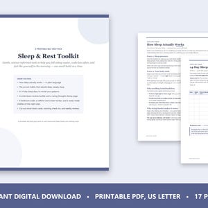 Könnte beinhalten: Ein druckbares Schlaf- und Ruhe-Toolkit mit einer Titelseite, die den Titel und den Inhalt auflistet, sowie zwei Innenseiten, die zeigen, wie Schlaf funktioniert, und ein 14-Tage-Schlaftagebuch mit einem Raster zur Verfolgung von Schlafmustern.