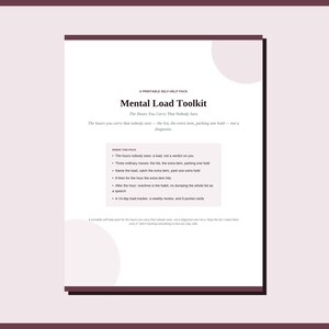 Puede incluir: Un paquete de autoayuda imprimible titulado Mental Load Toolkit. El documento incluye una lista de contenidos como un rastreador de carga de 14 días, una revisión semanal y 6 tarjetas de bolsillo, con texto sobre la carga mental invisible.